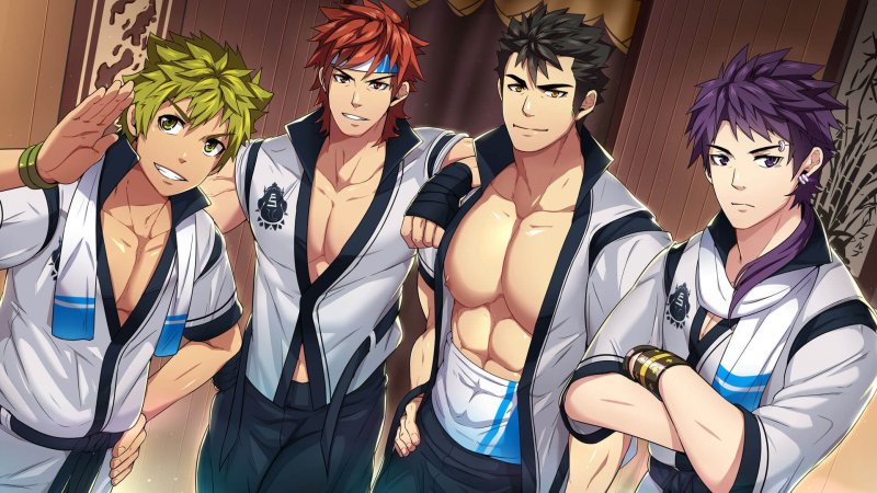 Full Service — Four male visual-novel characters in white shirts — Full Service game screenshot.