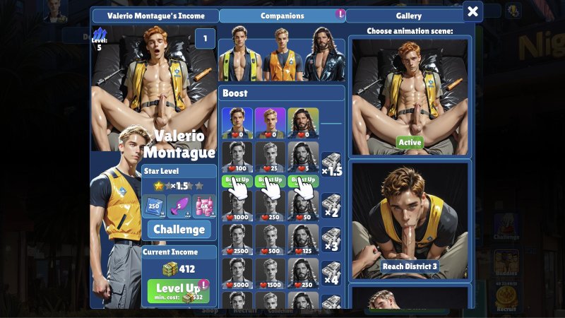 Idle Studs — Character recruitment gallery featuring adult male performers — Idle Studs game screenshot.